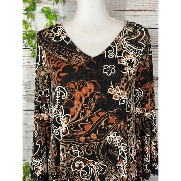 Nina Leonard Tunic Dress sz Small Black Brown Paisley Lace Boho Wedding Dinner - Picture 6 of 13